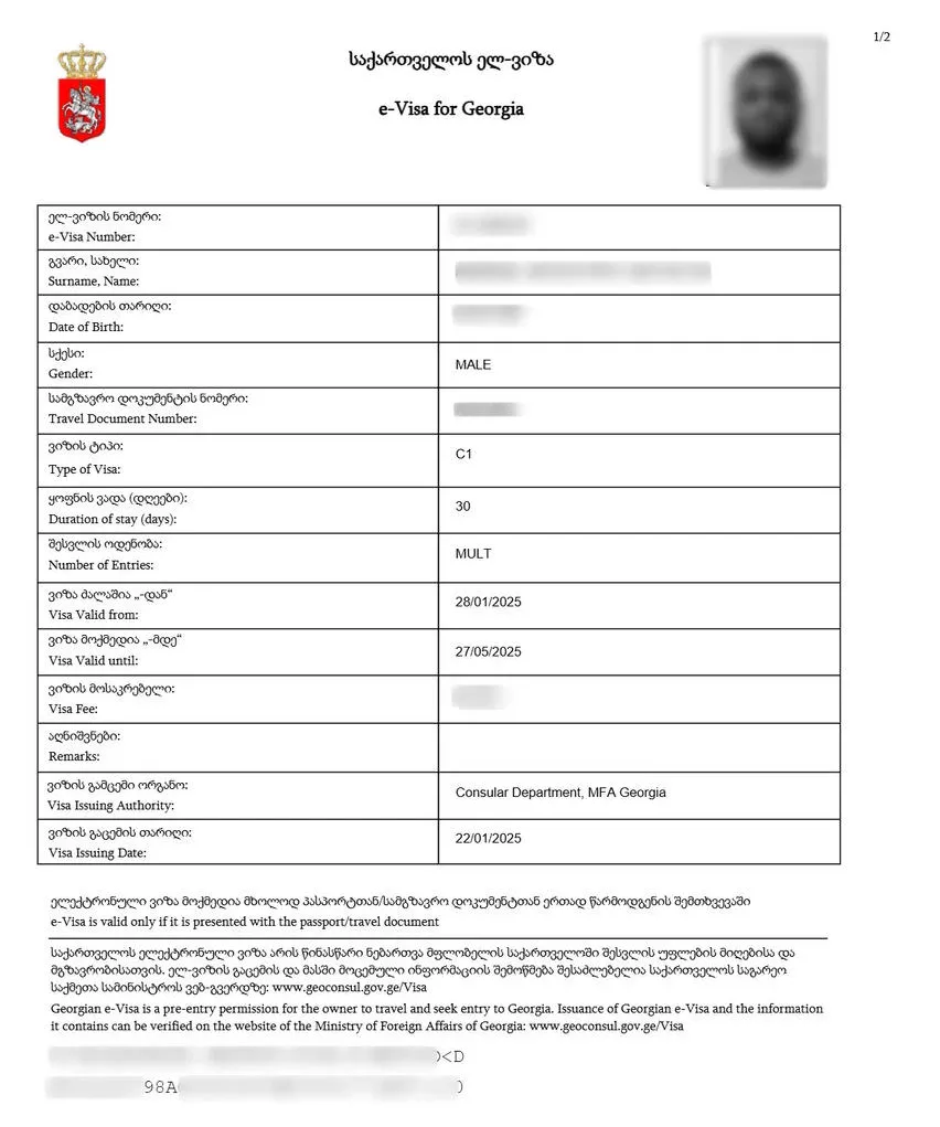 Georgia e-Visa – sample document